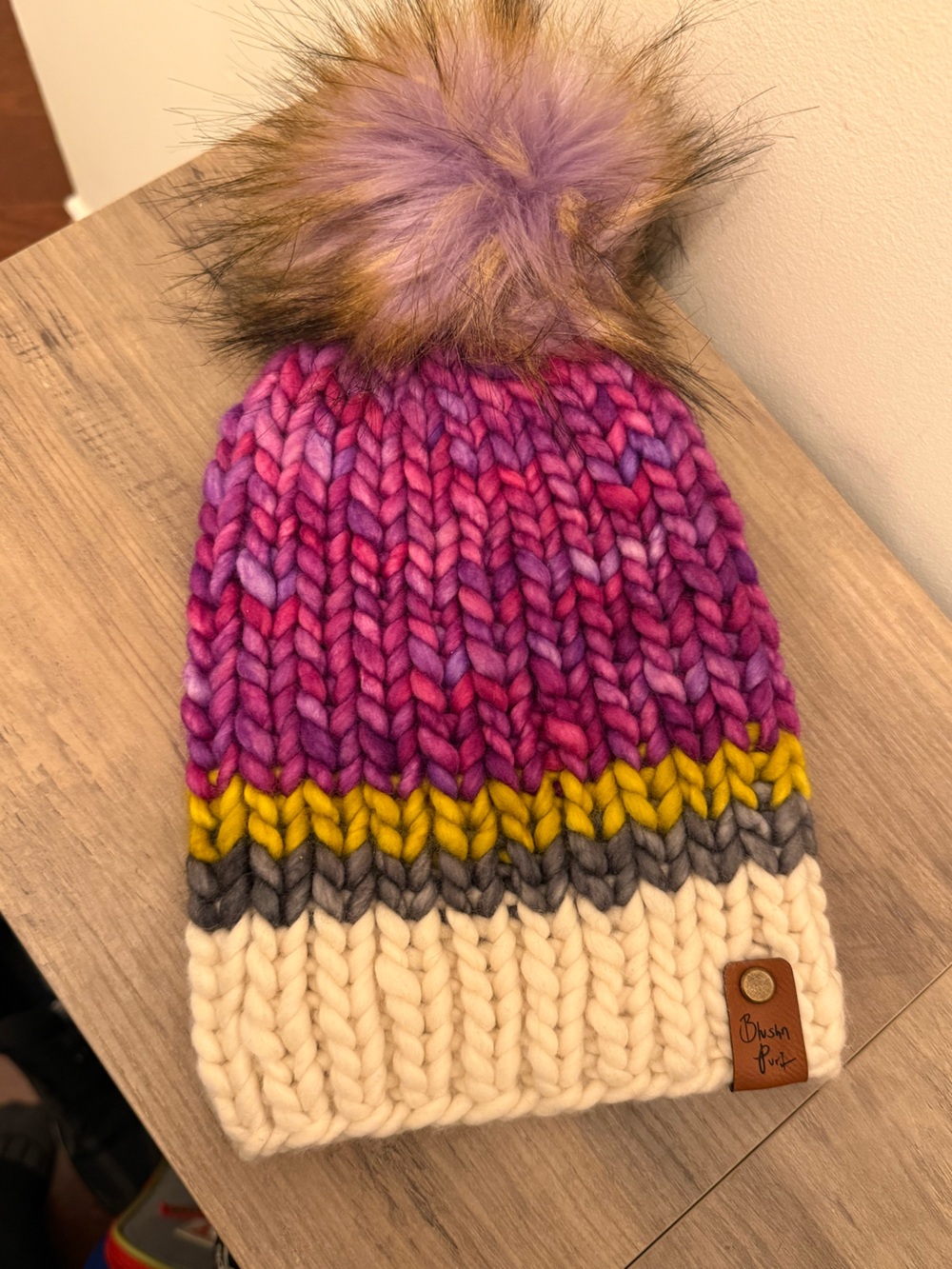 Blushnpurl Chunky Knit Pom Beanie in Pink, Purple & Yellow